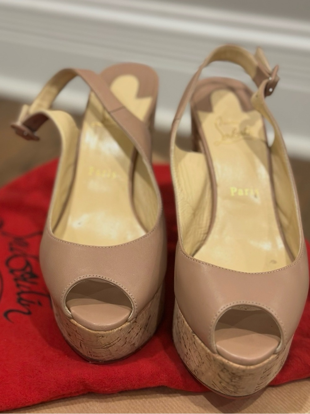 Christian Louboutin Donna Anna 120 Wedge Nude Peep-Toe Cork Platform Slingback